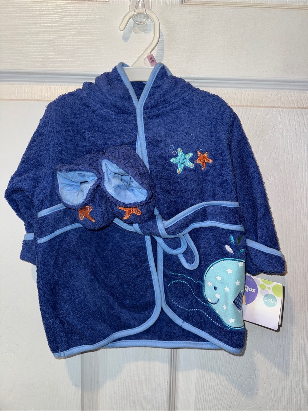 BabiesRUs 0-9 MONTHS Navy and Light Blue Hooded Baby Robe with Ocean Motifs
